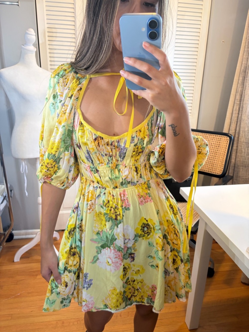 For Love And Lemons Leigh Yellow Floral Tie-Neck Mini Dress in Buttercreme
